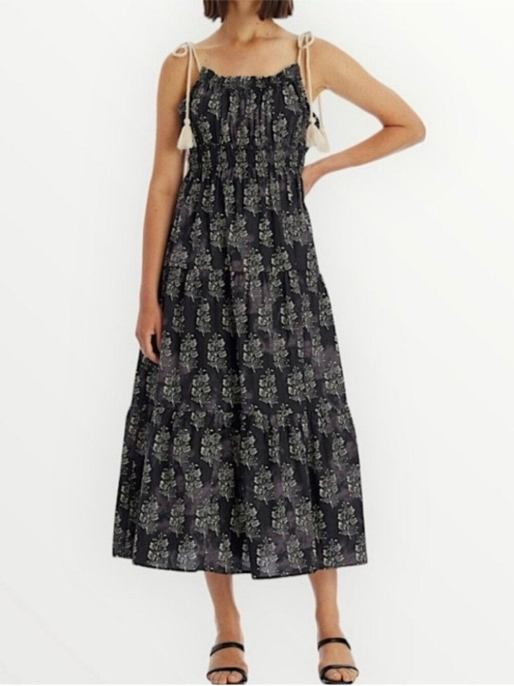 Anthropologie Moon River M Sundress A-line Tiered Midi Dress Tassel Tie floral